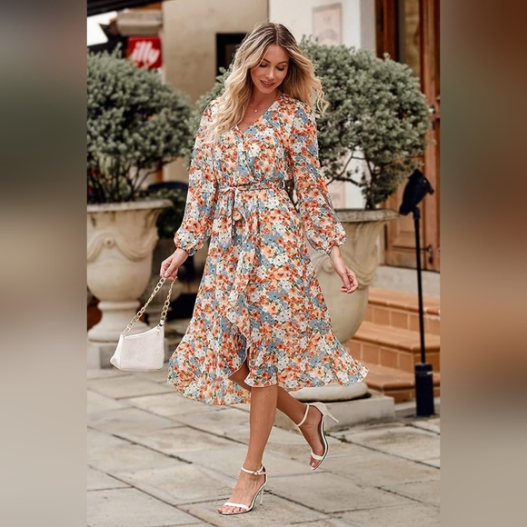 Pretty Garden Women's Floral Print Boho Dress, Long Sleeve,XL, Orange/Blue. - Picture 2 of 11